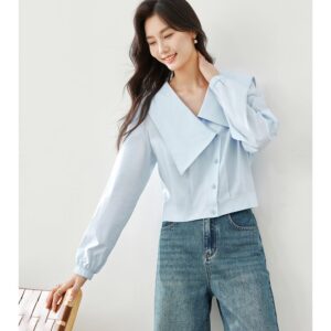 Áo Sơ Mi Croptop Cổ Bẻ Bản Lớn Thanh Lịch